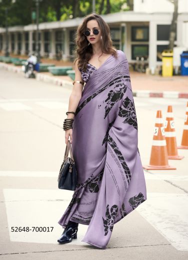 Lilac & Black Japan Satin Digitally Printed Beautiful Saree For Kitty-Parties