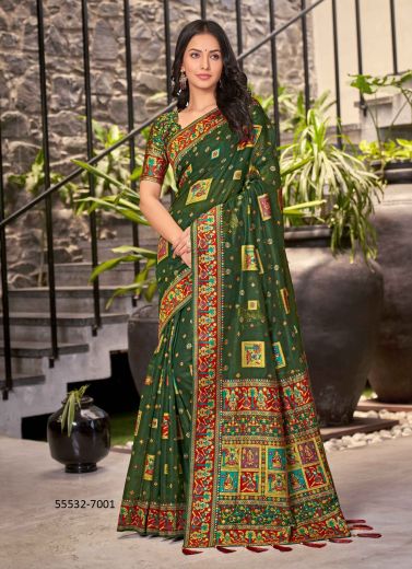 Green Cotton Woven Paithani Silk Saree For Traditional / Religious Occasions