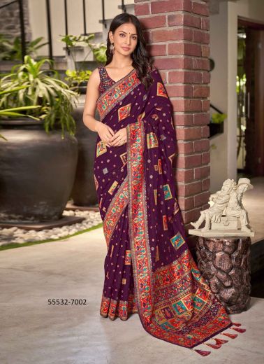 Purple Cotton Woven Paithani Silk Saree For Traditional / Religious Occasions