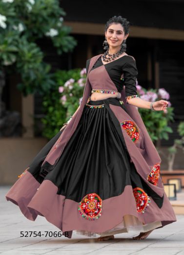 Black & Mauve Cotton Gamthi Work Navratri Special Readymade Lehenga Choli [Chaniya Choli For Garba]