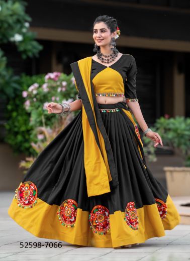 Yellow & Black Cotton Gamthi Work Navratri Special Readymade Lehenga Choli [Chaniya Choli For Garba]