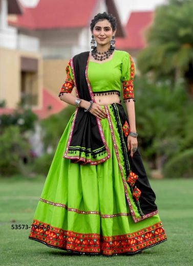 Lime Green & Black Cotton Gamthi Work Navratri Special Readymade Lehenga Choli [Chaniya Choli For Garba]