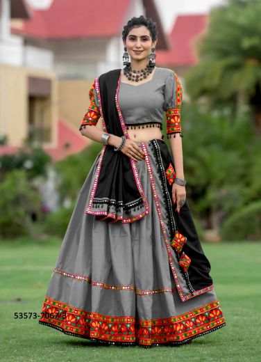 Gray & Black Cotton Gamthi Work Navratri Special Readymade Lehenga Choli [Chaniya Choli For Garba]