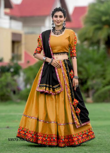 Orange & Black Cotton Gamthi Work Navratri Special Readymade Lehenga Choli [Chaniya Choli For Garba]