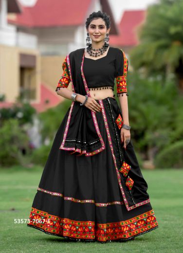 Black Cotton Gamthi Work Navratri Special Readymade Lehenga Choli [Chaniya Choli For Garba]