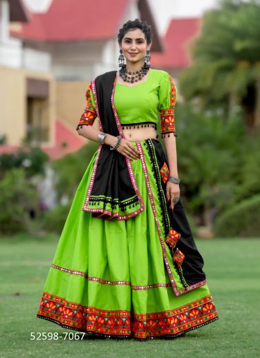 Parrot Green & Black Cotton Gamthi Work Navratri Special Readymade Lehenga Choli [Chaniya Choli For Garba]