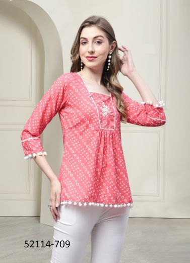 Pink Cotton Printed Office-Wear Readymade Short Top