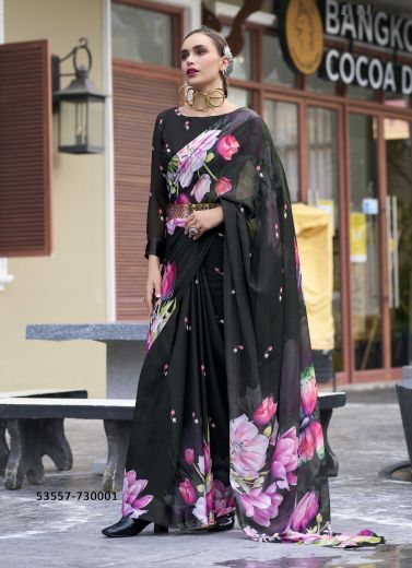 Black & Pink Georgette Floral Digitally Printed Saree For Kitty-Parties