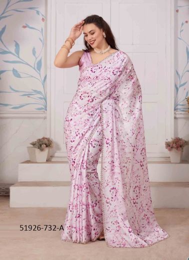 Light Pink Satin Georgette Digitally Printed Saree for Wearing in Kitty Parties & Carnivals