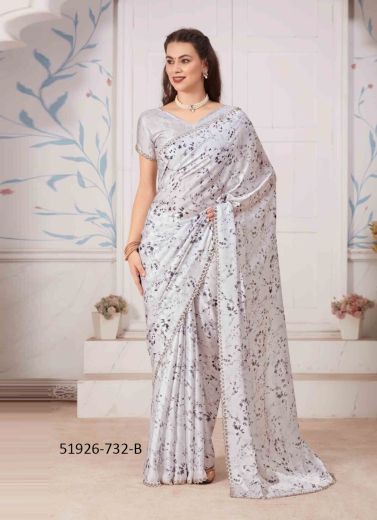 Off White Satin Georgette Digitally Printed Saree for Wearing in Kitty Parties & Carnivals
