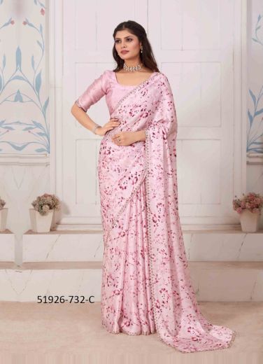 Pink Satin Georgette Digitally Printed Saree for Wearing in Kitty Parties & Carnivals
