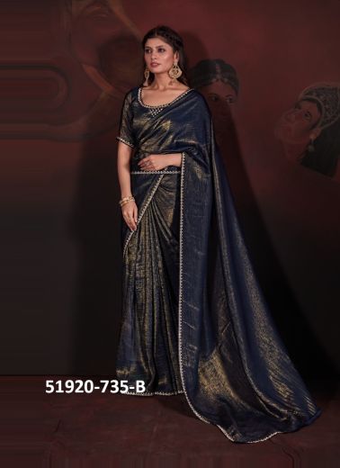 Dark Blue Crush Embroidered Festive-Wear Bollywood Saree