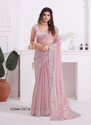 Pink Burberry Organza Embroidered Party-Wear Boutique-Style Saree