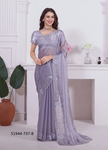Light Violet Burberry Organza Embroidered Party-Wear Boutique-Style Saree