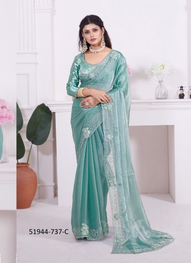 Light Teal Green Burberry Organza Embroidered Party-Wear Boutique-Style Saree