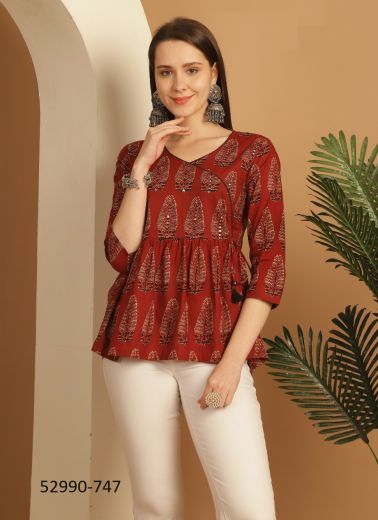 Maroon Cotton Printed Office-Wear Readymade Short Top