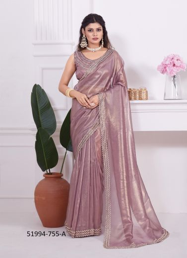 Mauve Net Stone-Work Boutique-Style Saree For Traditional / Religious