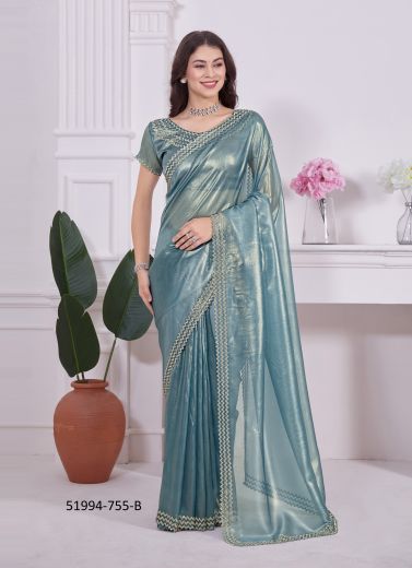 Sea Blue Net Stone-Work Boutique-Style Saree For Traditional / Religious