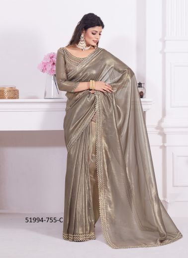 Warm Gray Net Stone-Work Boutique-Style Saree For Traditional / Religious Occasions