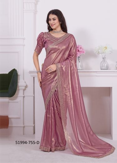 Dark Pink Net Stone-Work Boutique-Style Saree For Traditional / Religious Occasions