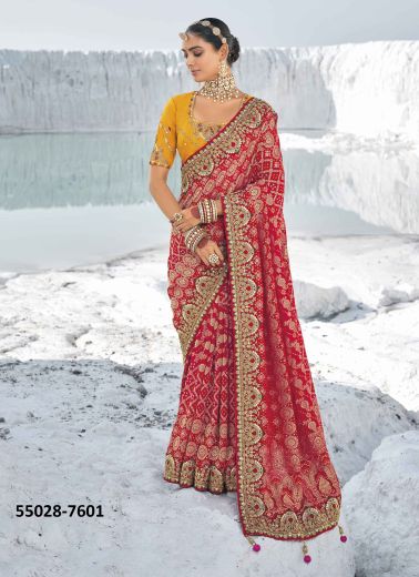 Crimson Red Georgette Bandhani Printed Wedding-Wear Patola Silk Saree [With Double Blouse]