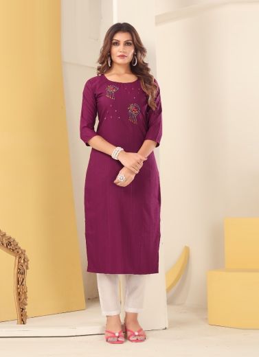 Purple Silk With Thread-Work Straight-Line Readymade Kurti For Office