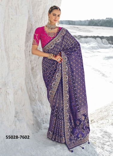 Dark Violet Georgette Bandhani Printed Wedding-Wear Patola Silk Saree [With Double Blouse]