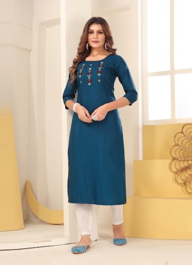 Sea Blue Silk With Thread-Work Straight-Line Readymade Kurti For Office