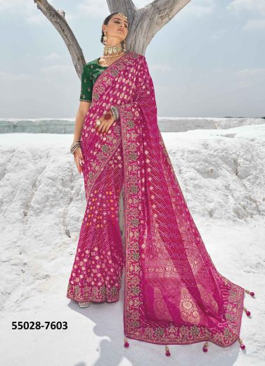 Dark Pink Georgette Bandhani Printed Wedding-Wear Patola Silk Saree [With Double Blouse]