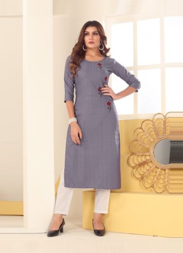 Dusty Purple Silk With Thread-Work Straight-Line Readymade Kurti For Office