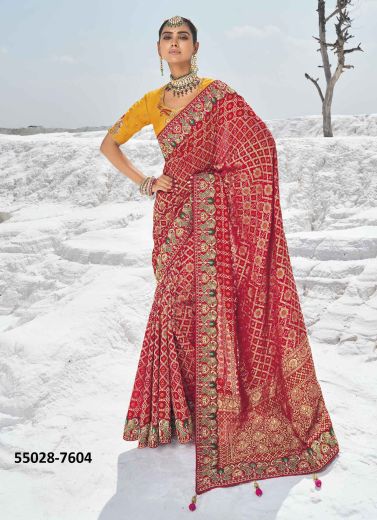 Crimson Red Georgette Bandhani Printed Wedding-Wear Patola Silk Saree [With Double Blouse]