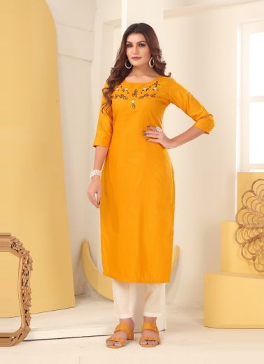 Orange Silk With Thread-Work Straight-Line Readymade Kurti For Office