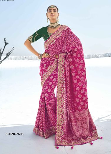 Dark Pink Georgette Bandhani Printed Wedding-Wear Patola Silk Saree [With Double Blouse]