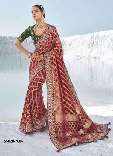 Maroon Georgette Bandhani Printed Wedding-Wear Patola Silk Saree [With Double Blouse]