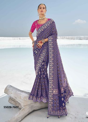 Dark Violet Georgette Bandhani Printed Wedding-Wear Patola Silk Saree [With Double Blouse]