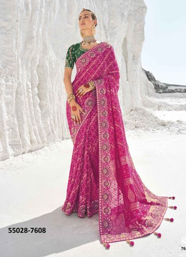 Dark Pink Georgette Bandhani Printed Wedding-Wear Patola Silk Saree [With Double Blouse]