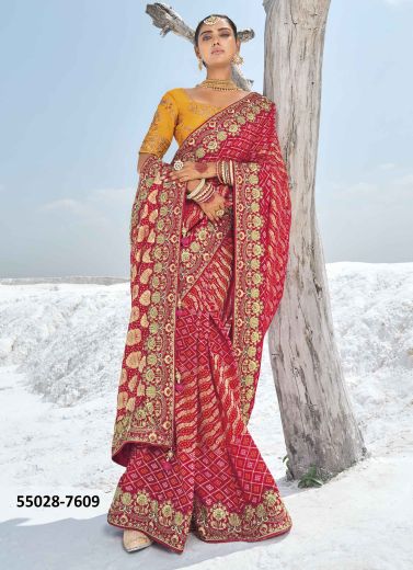 Crimson Red Georgette Bandhani Printed Wedding-Wear Patola Silk Saree [With Double Blouse]