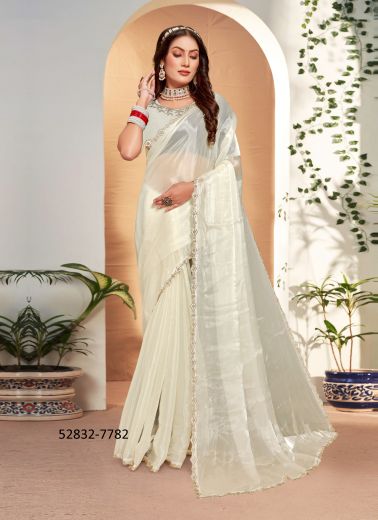 White Silk Swarovski Work Festive-Wear Desi Saree