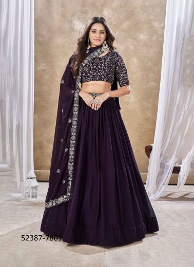 Dark Violet Faux Georgette Embroidered Stylish Lehenga Choli For Traditional / Religious Occasions