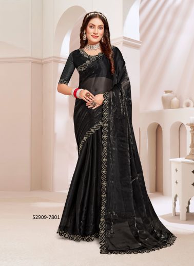 Black Silk Swarovski Work Festive-Wear Desi Saree