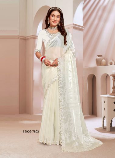 White Silk Swarovski Work Festive-Wear Desi Saree