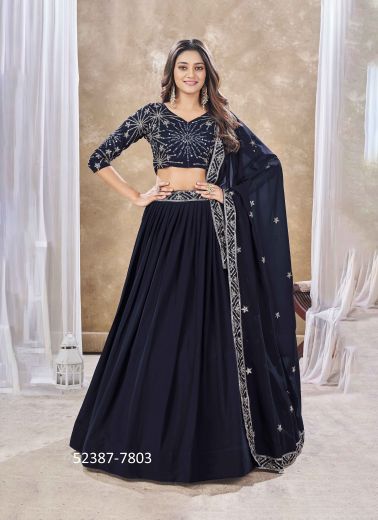 Navy Blue Faux Georgette Embroidered Stylish Lehenga Choli For Traditional / Religious Occasions