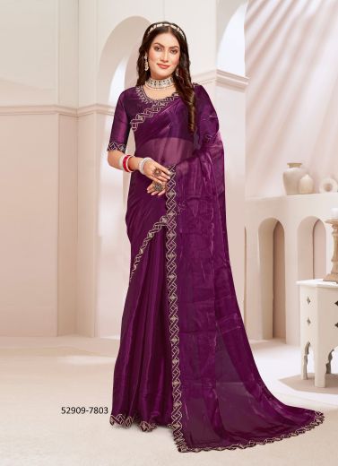 Purple Silk Swarovski Work Festive-Wear Desi Saree