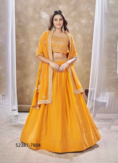 Marigold Faux Georgette Embroidered Stylish Lehenga Choli For Traditional / Religious Occasions