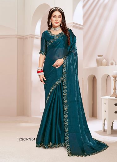 Sea Blue Silk Swarovski Work Festive-Wear Desi Saree