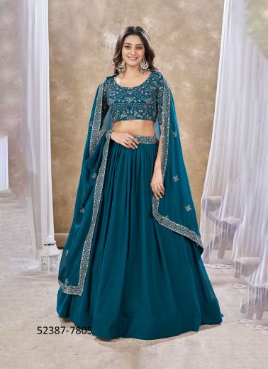 Sea Blue Faux Georgette Embroidered Stylish Lehenga Choli For Traditional / Religious Occasions