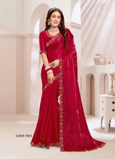 Crimson Red Silk Swarovski Work Festive-Wear Desi Saree