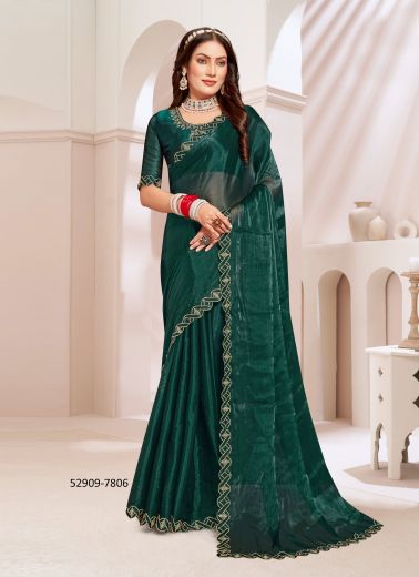 Teal Green Silk Swarovski Work Festive-Wear Desi Saree