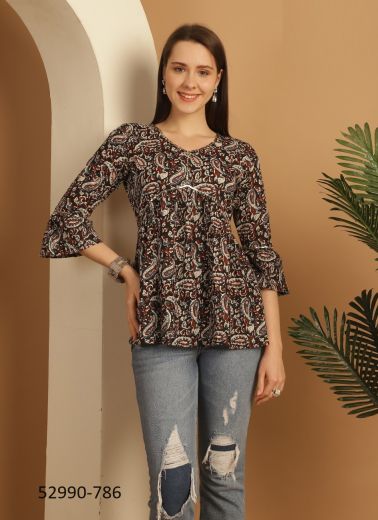 Black & Maroon Cotton Printed Office-Wear Readymade Short Top