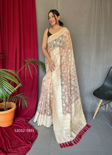 Light Beige Chikankari-Work Linen-Cotton Saree For Traditional / Religious Occasions